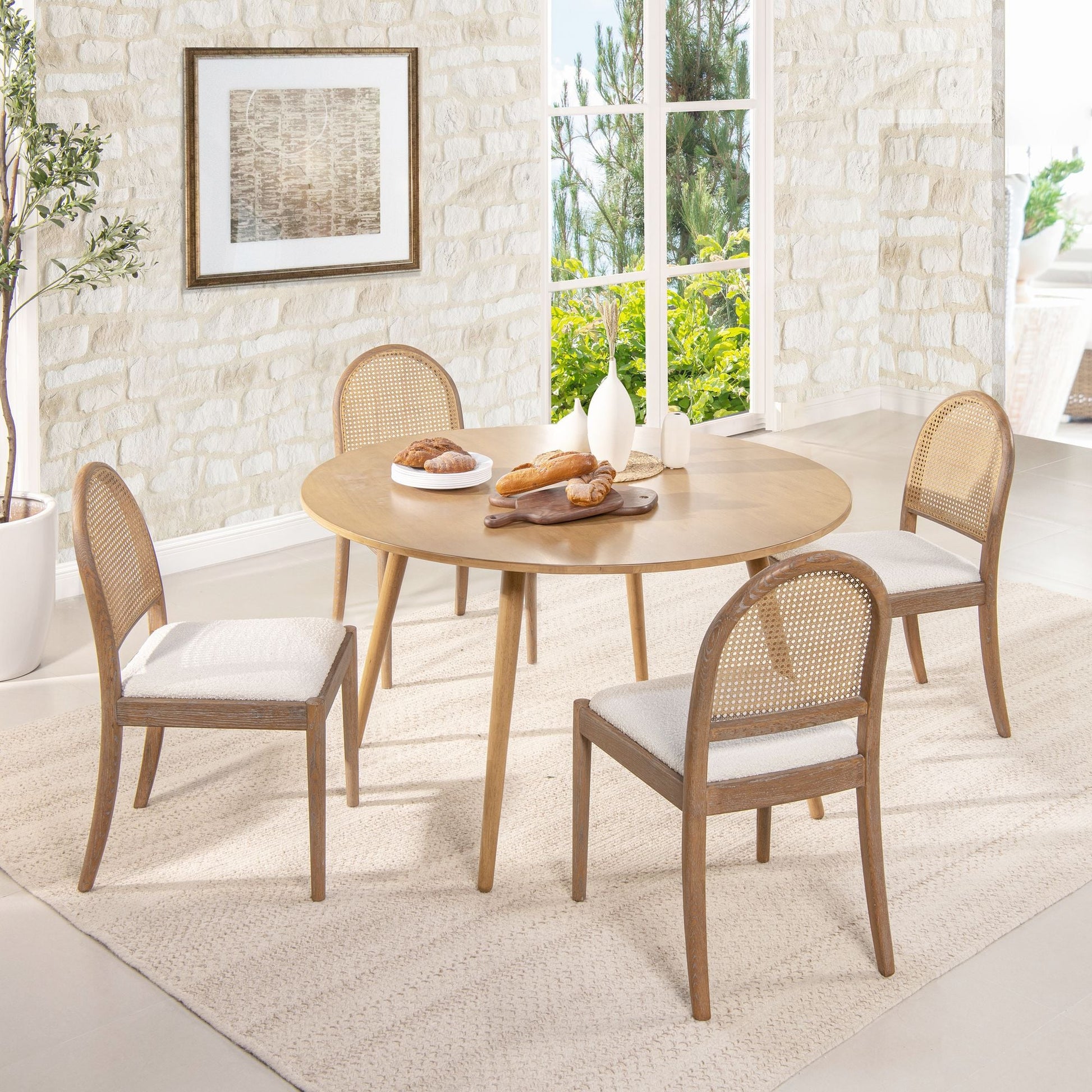 Boucle Mid-Century Dining Chairs, Set of 2, White
