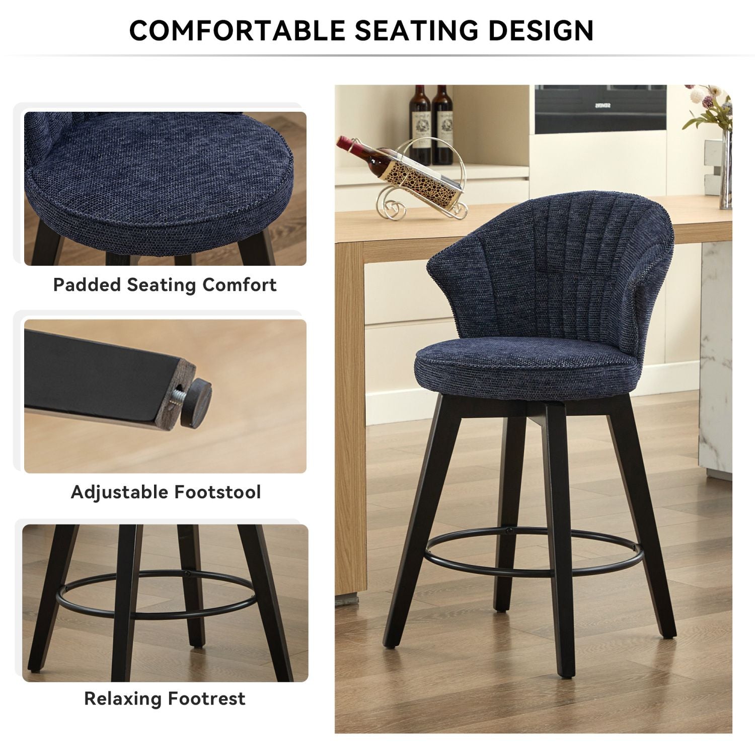 Chenille Swivel Bar Stools, Blue, Wide Backrest (view 7)