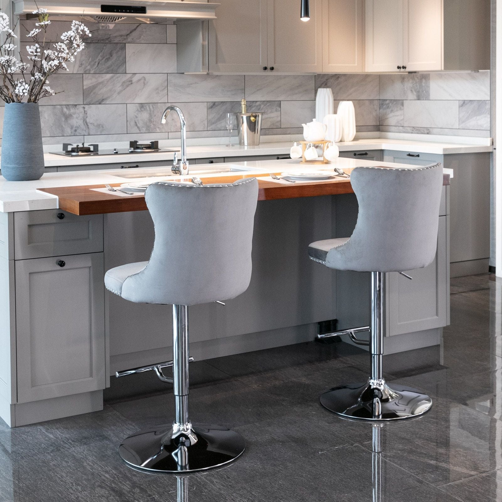 Gray Velvet Swivel Bar Stools, Chrome Base, Set of 2 - Gray (view 13)