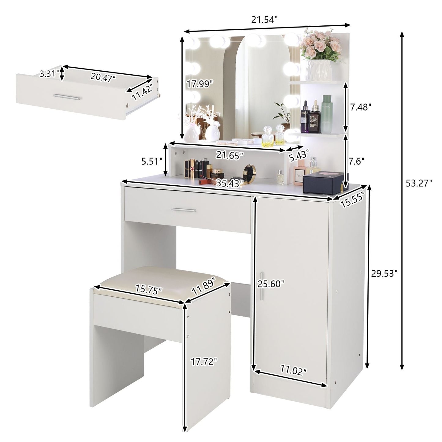 Wood & Metal Mid-Century Vanity with LED Mirror, White, 1 Drawer, with Storage (view 10)