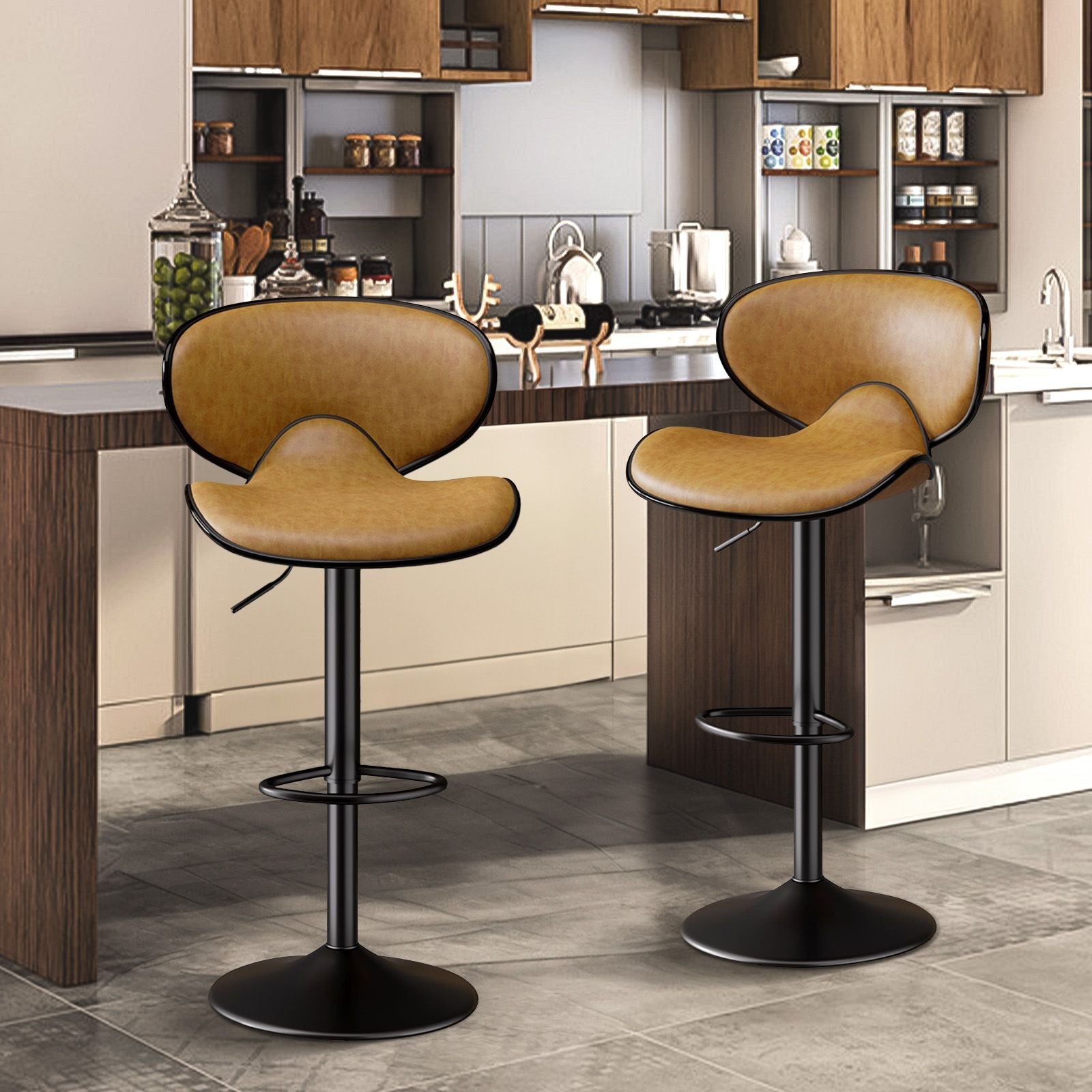 Set of 2 Faux Leather Swivel Bar Stools – With Backs