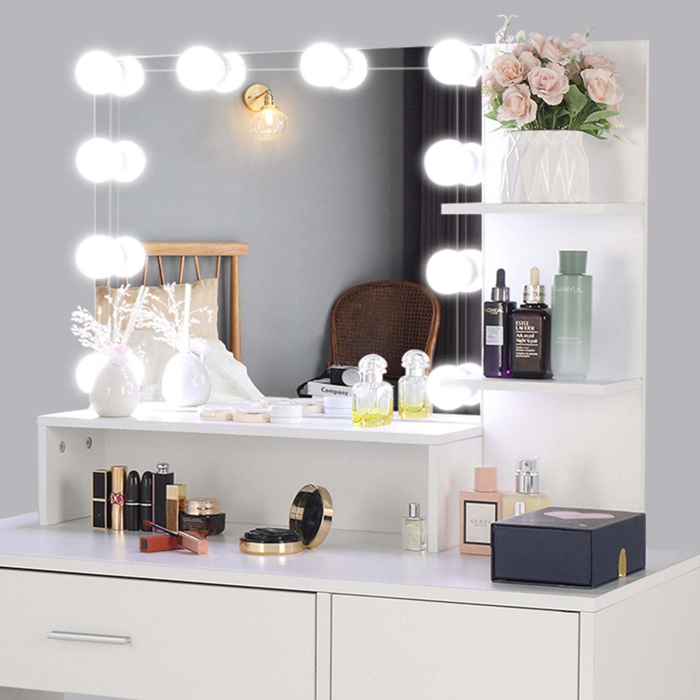 Wood & Metal Mid-Century Vanity with LED Mirror, White, 1 Drawer, 36" Wide (view 4)