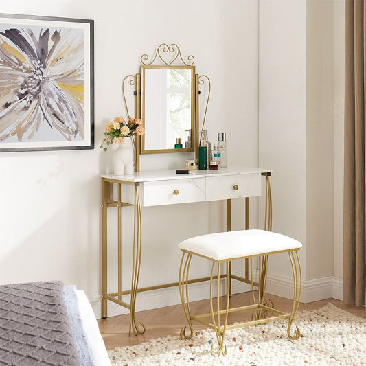 Vanity Table Set with Mirror & Stool,White Makeup Dressing Desk with Drawers for Girls,Women,Bedroom,Gift