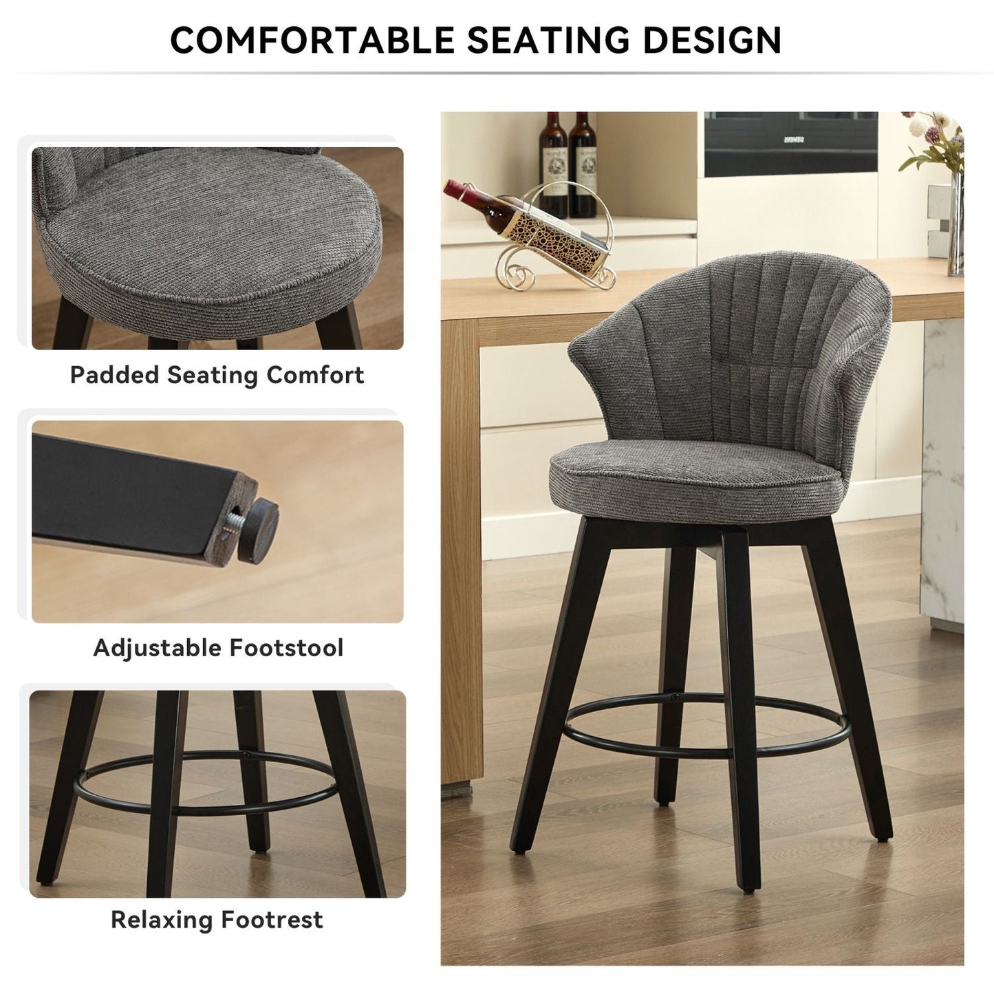 Chenille Swivel Bar Stools, Dark Grey, Counter Height (view 7)