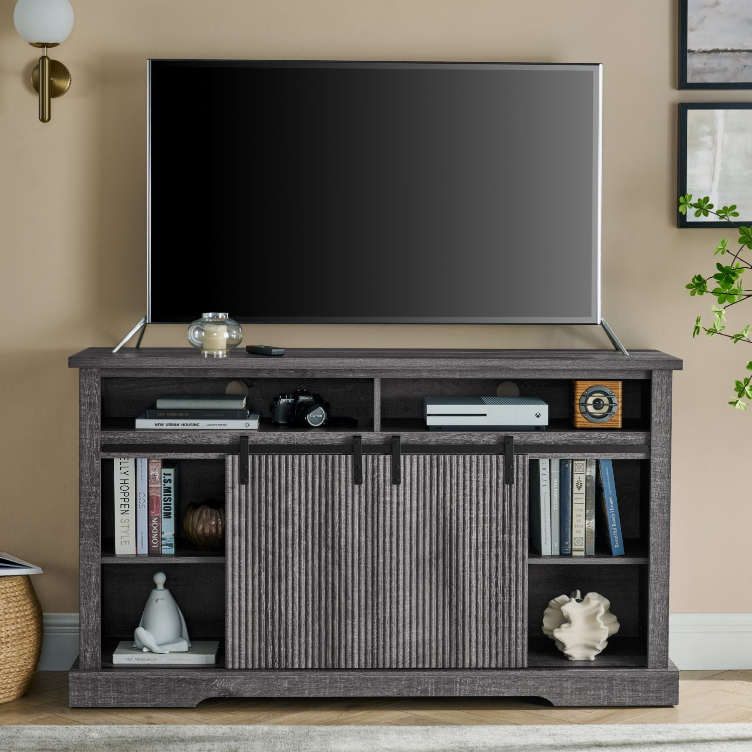 65" TV Mid-Century TV Stand, Gray, 57.9" Wide (view 2)
