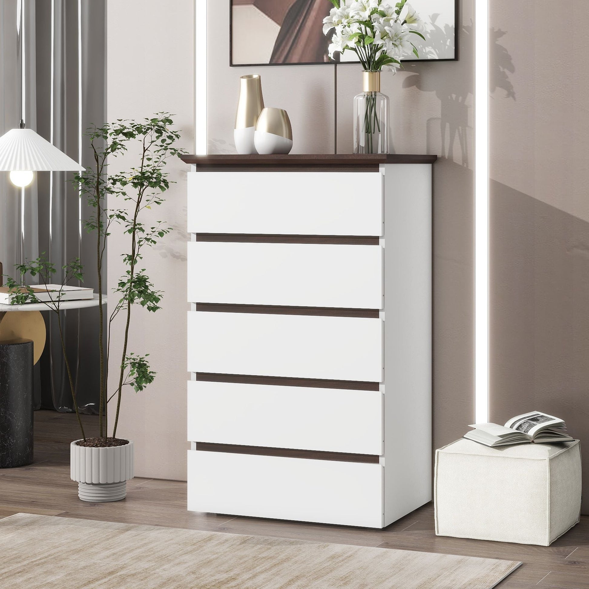 5-Drawer Mid-Century Dresser, White, Tall