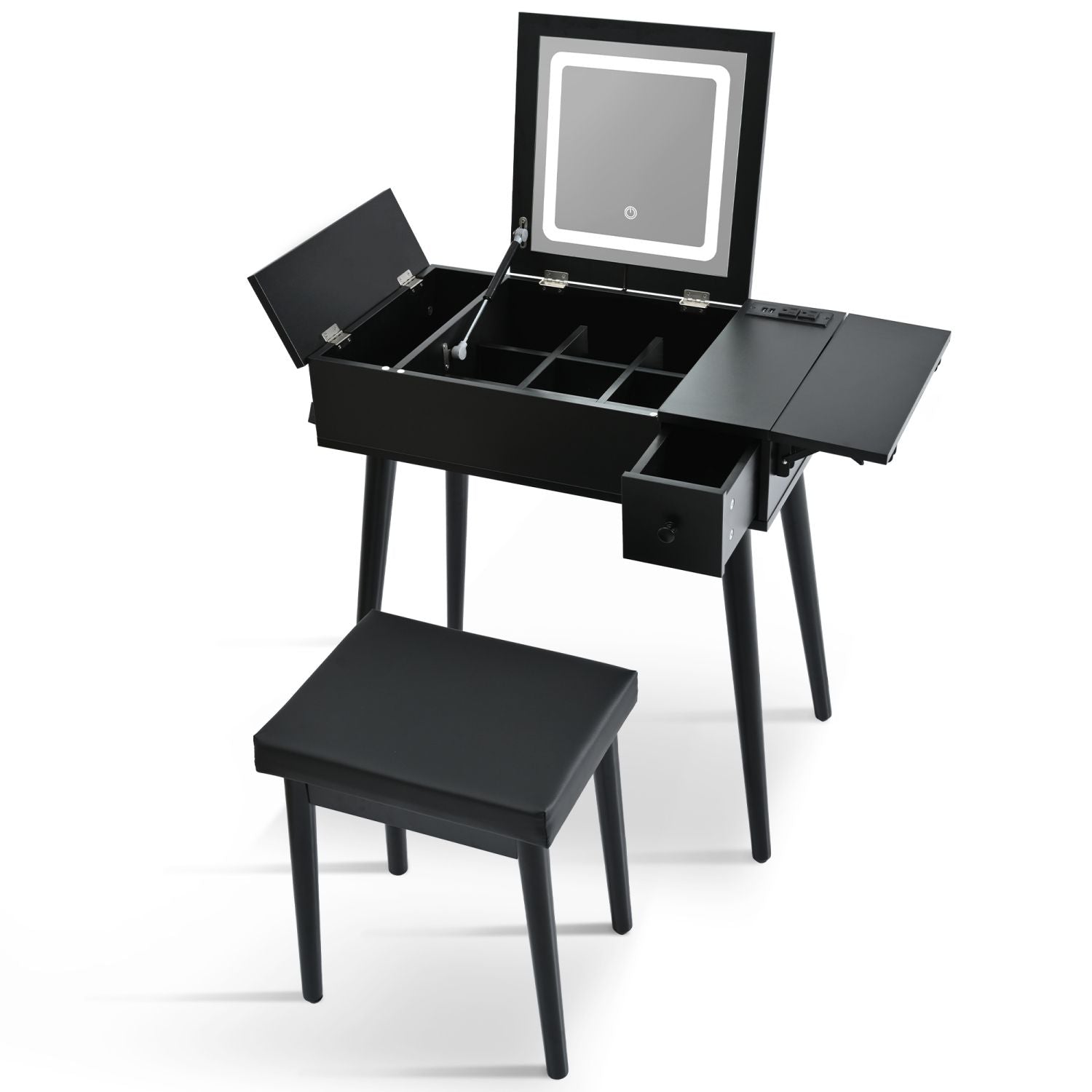 Mid-Century Vanity with LED Mirror, Black, 2 Drawers, Flip-Top (view 10)
