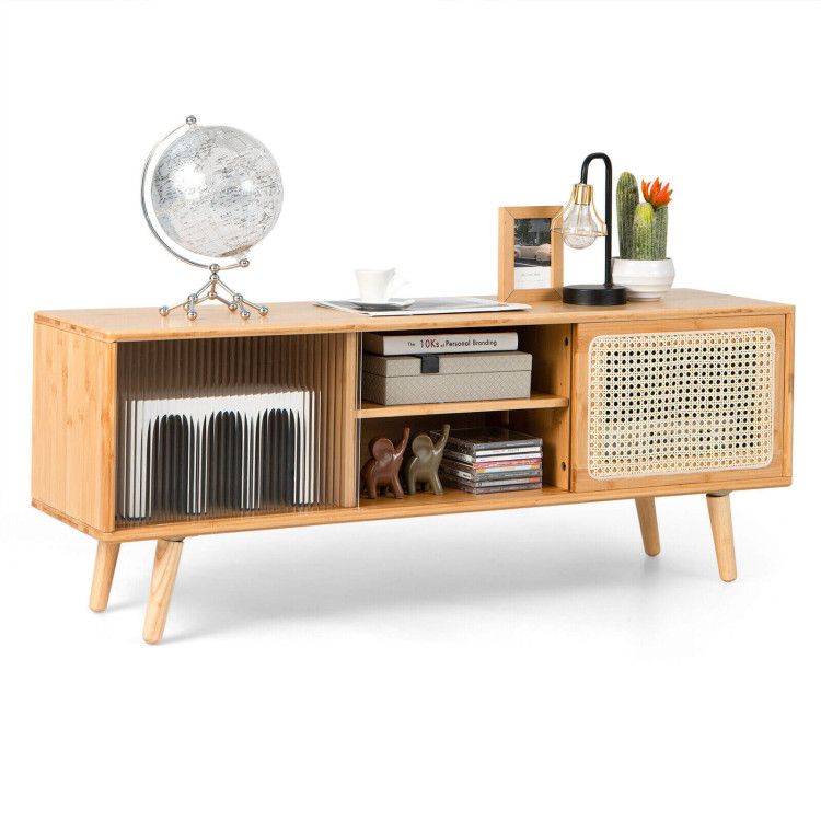 Modern TV Stand with Rattan Glass Sliding Doors (view 7)