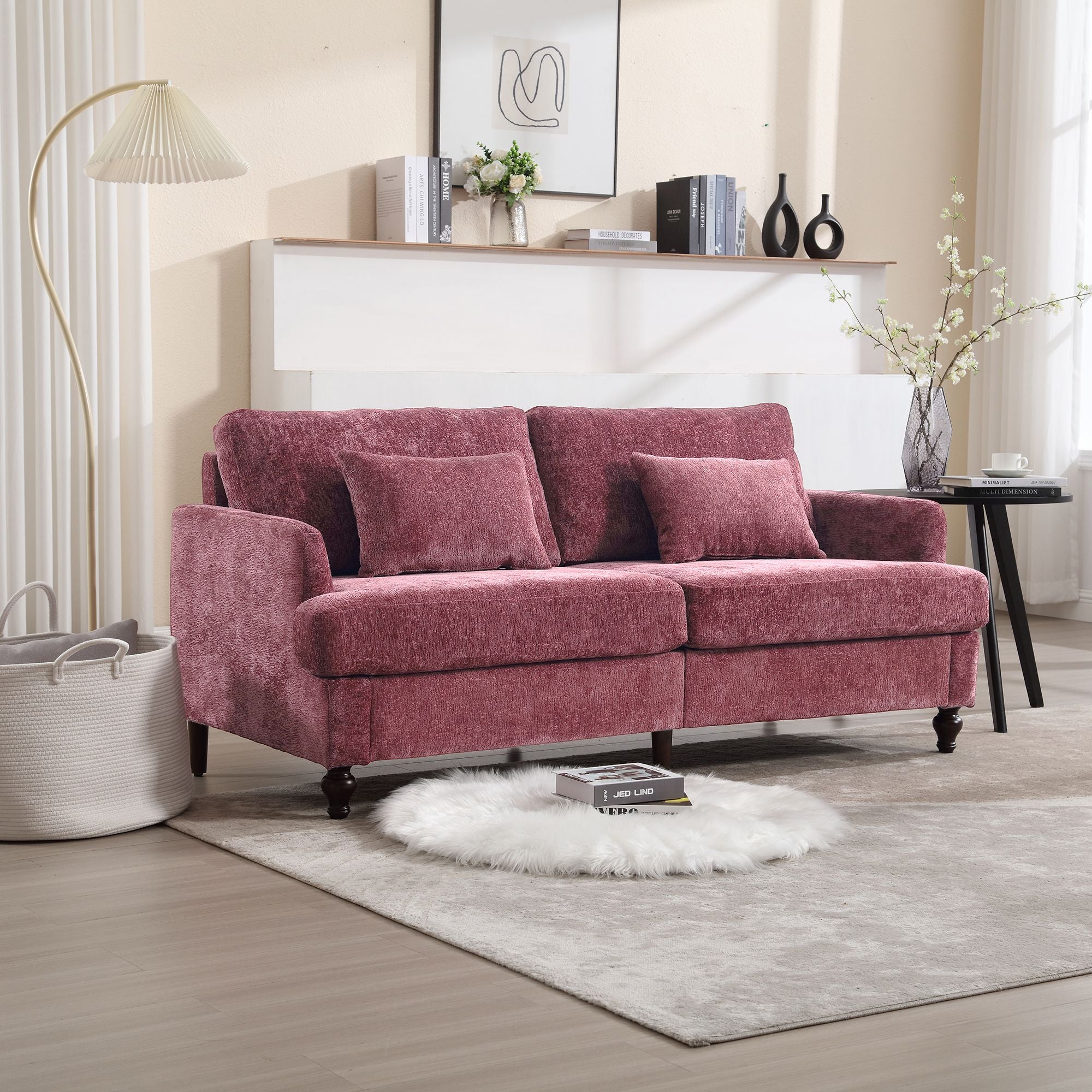 COOLMORE Mid Century Modern chenille Fabric Loveseat sofa, 2-Seat Upholstered Loveseat Sofa Modern Couch for Living Room,Brown wood feet sofa for Bedroom, Reading (Wine red Chenille)