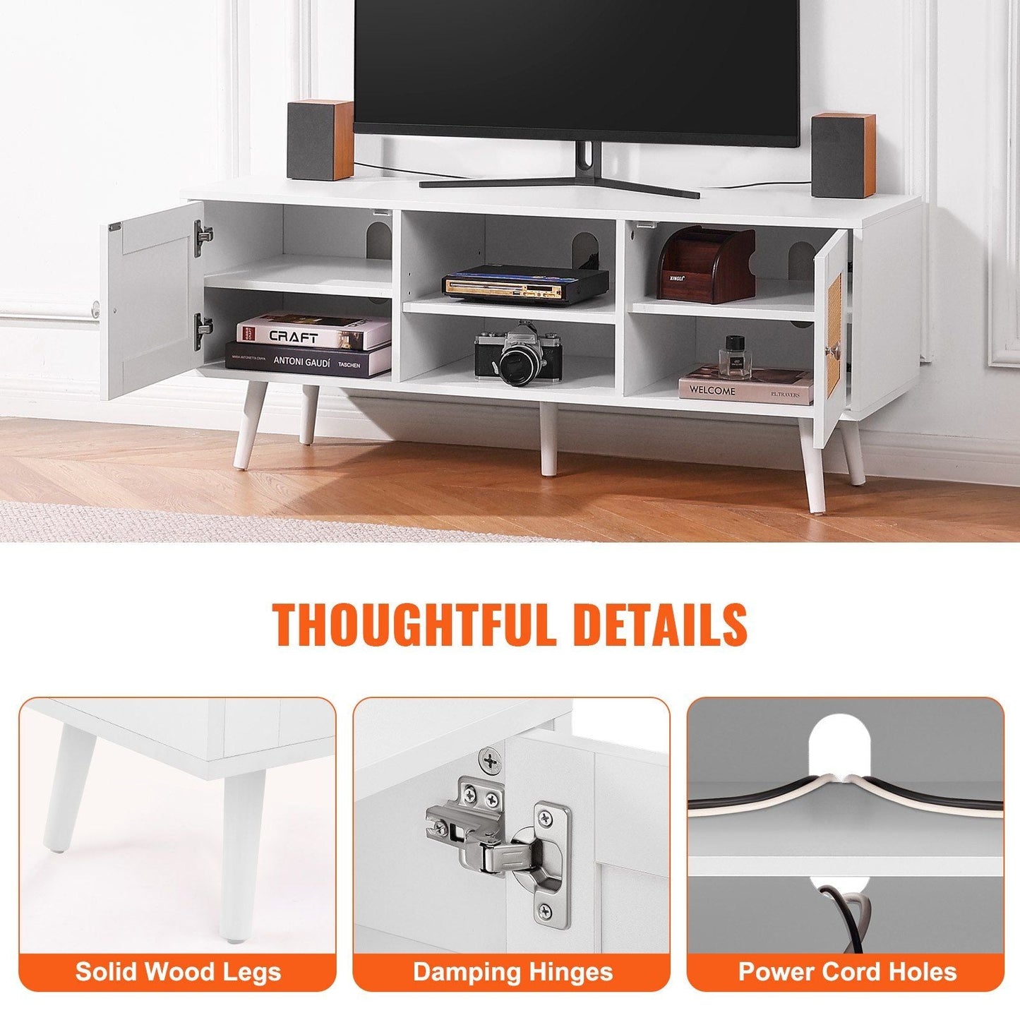 55" TV Mid-Century TV Stand, White (view 5)
