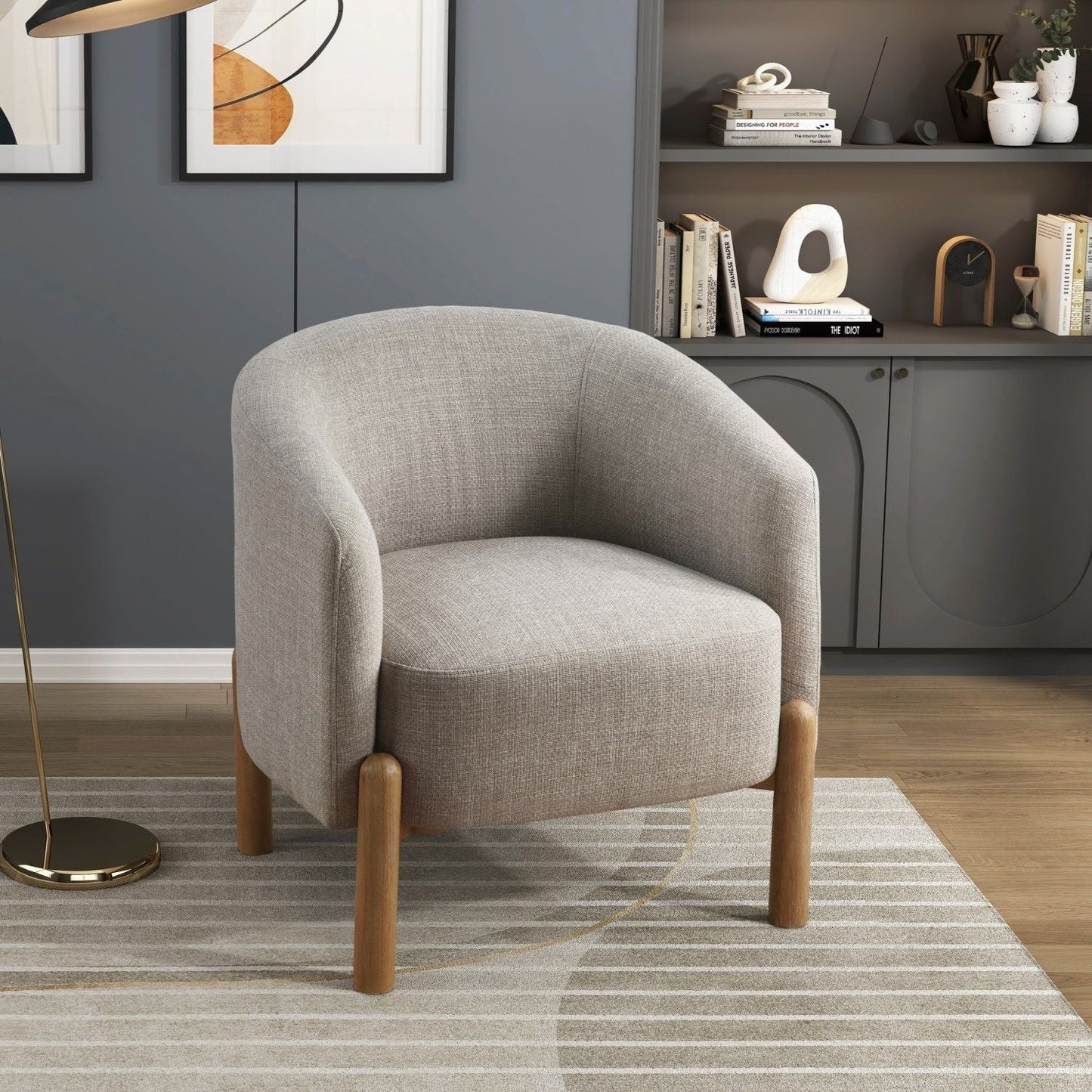 Solid Wood Mid-Century Accent Chair, Taupe, 27.5" Wide