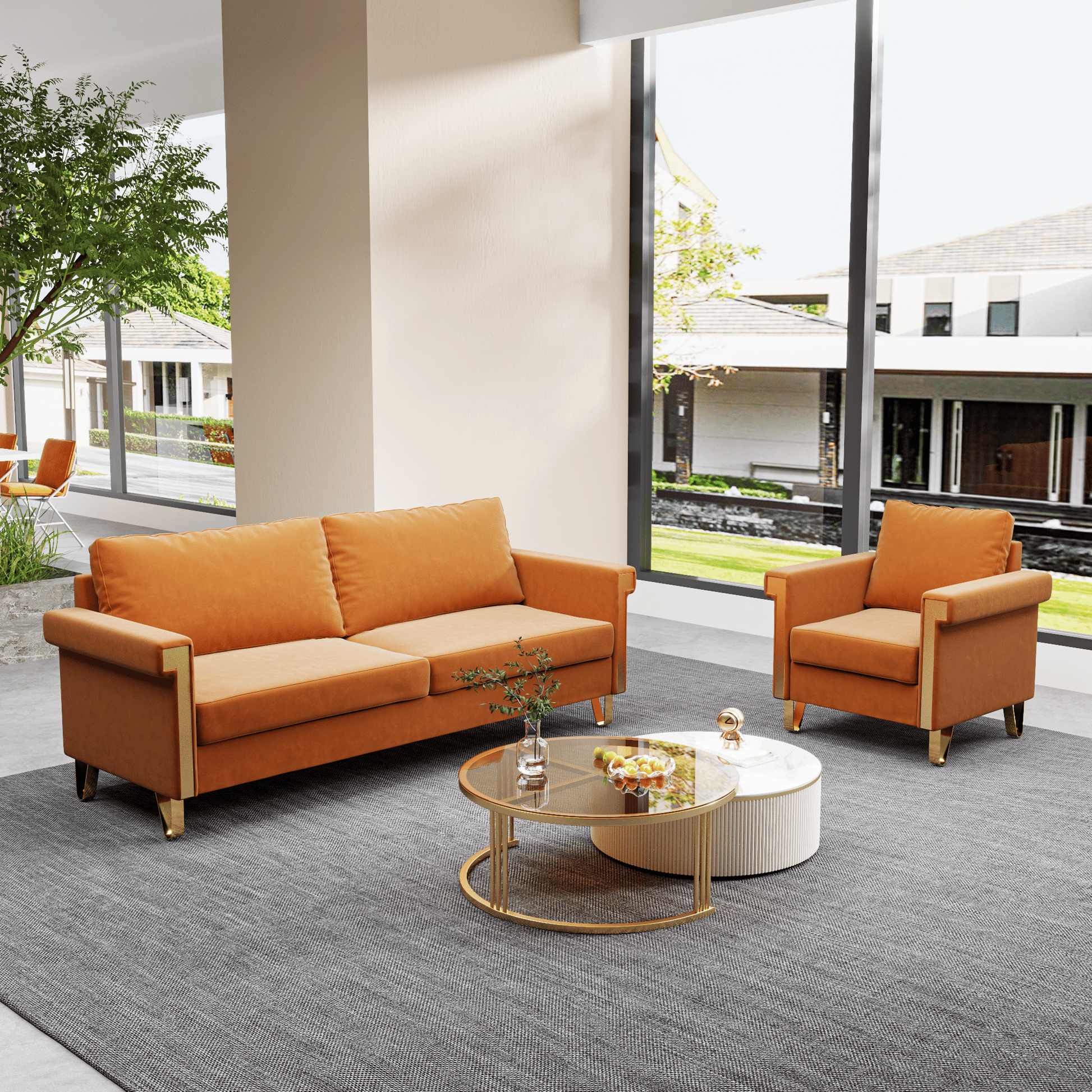 Velvet 3-Seat Mid-Century Sofa, Orange