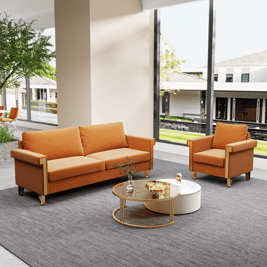 Velvet 3-Seat Mid-Century Sofa, Orange