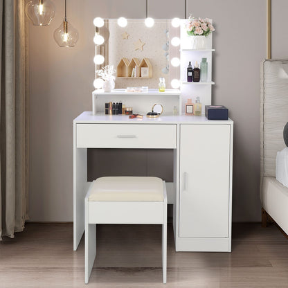 Wood & Metal Mid-Century Vanity with LED Mirror, White, 1 Drawer, with Storage (view 3)
