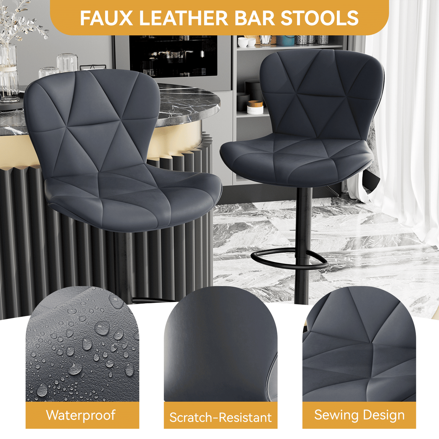 Faux Leather Swivel Bar Stools, Set of 2, Black (view 46)