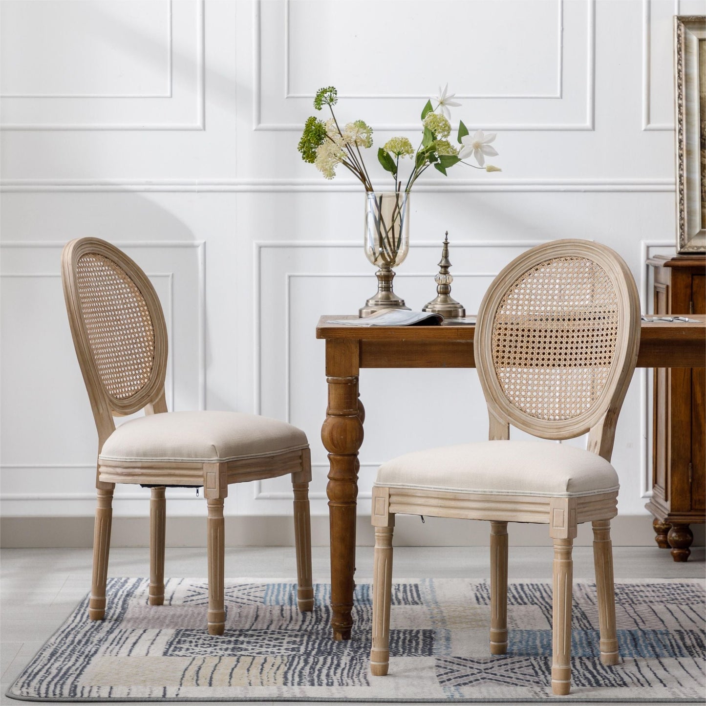 Linen Mid-Century Dining Chairs, Set of 2, White, Rattan