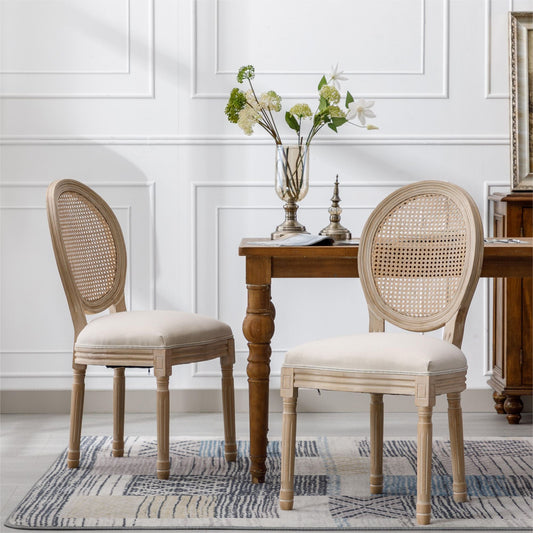 Linen Mid-Century Dining Chairs, Set of 2, White, Rattan