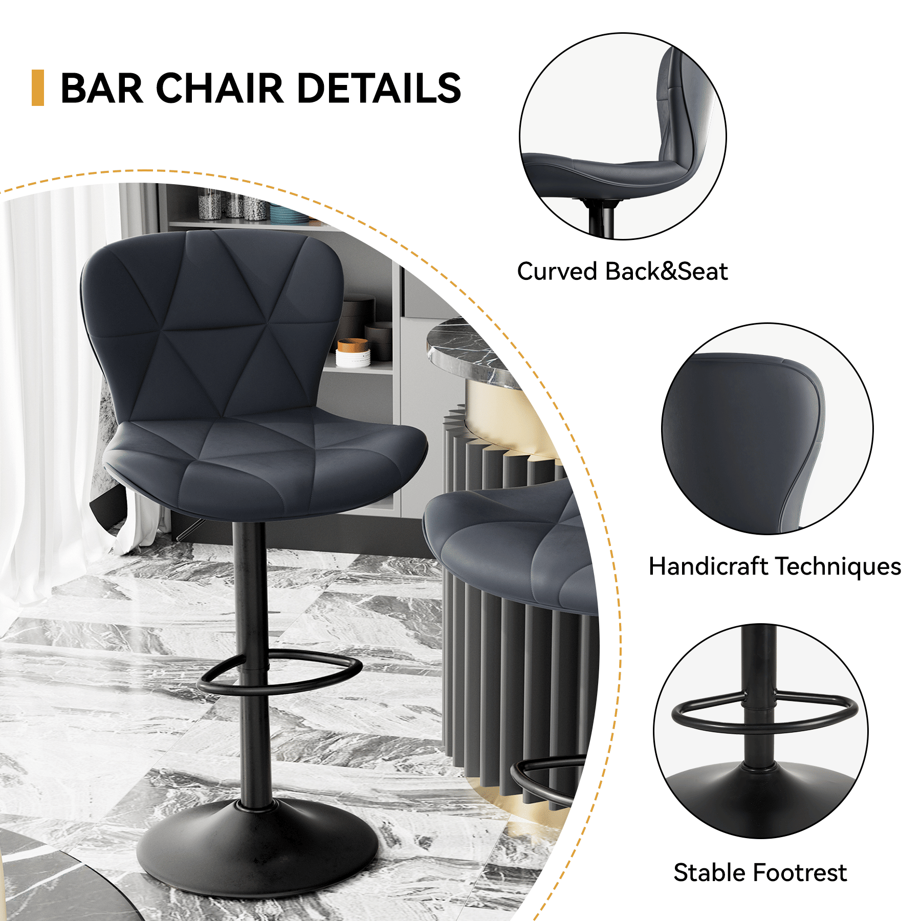 Faux Leather Swivel Bar Stools, Set of 2, Black (view 41)