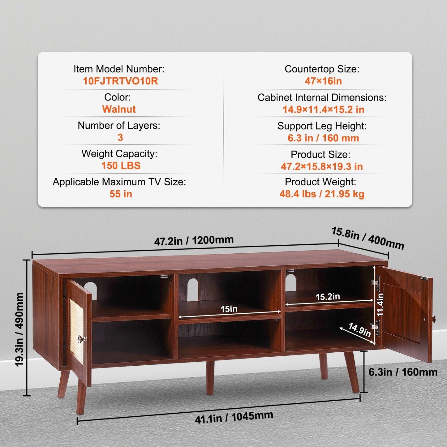 55" TV Mid-Century TV Stand, Walnut (view 7)