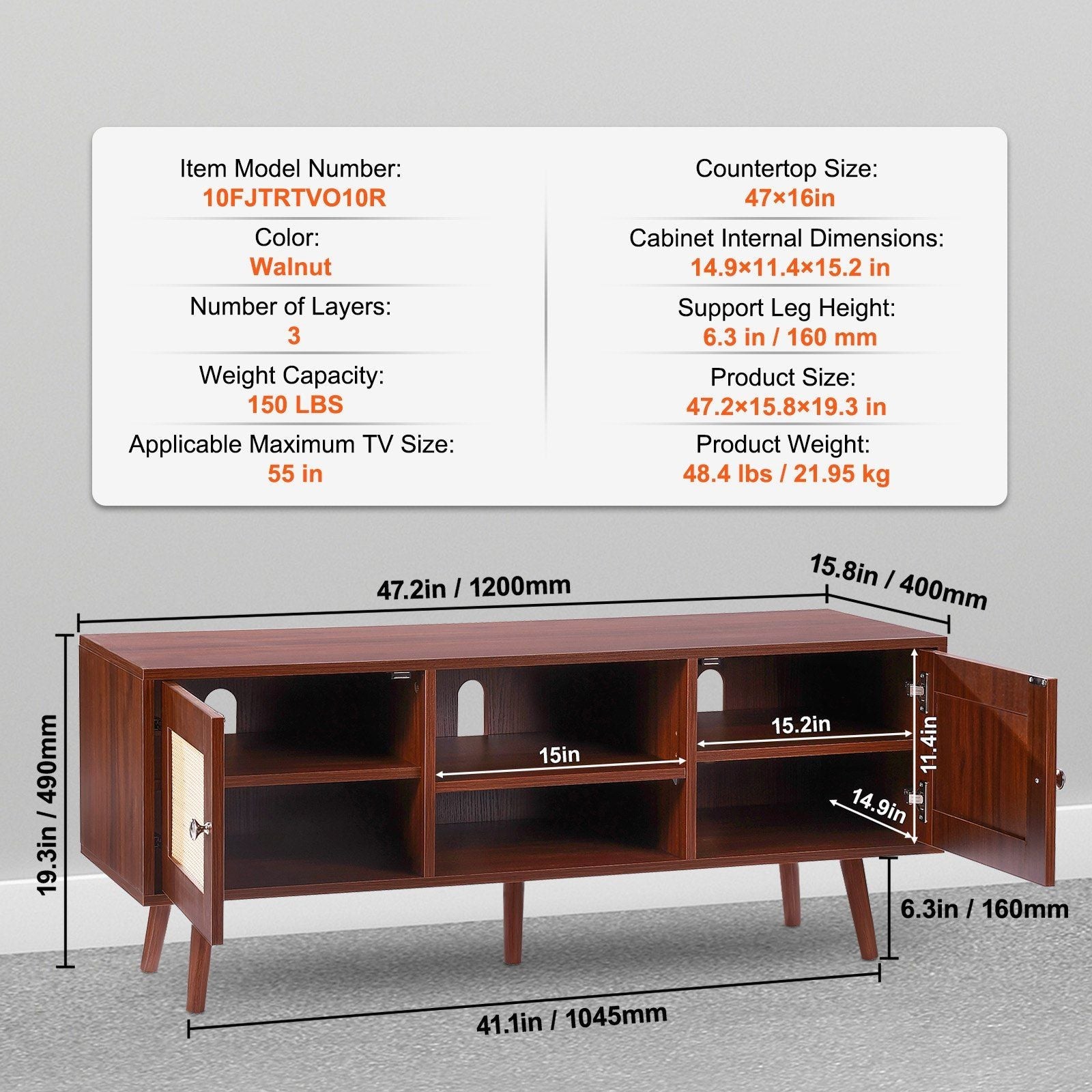 55" TV Mid-Century TV Stand, Walnut (view 7)