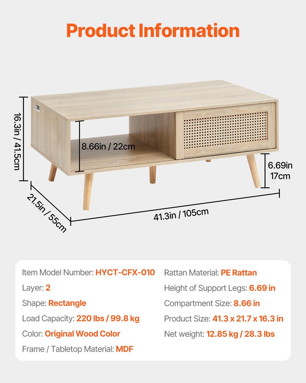 Rattan Mid-Century Coffee Table, Burlywood, 42" Wide (view 7)