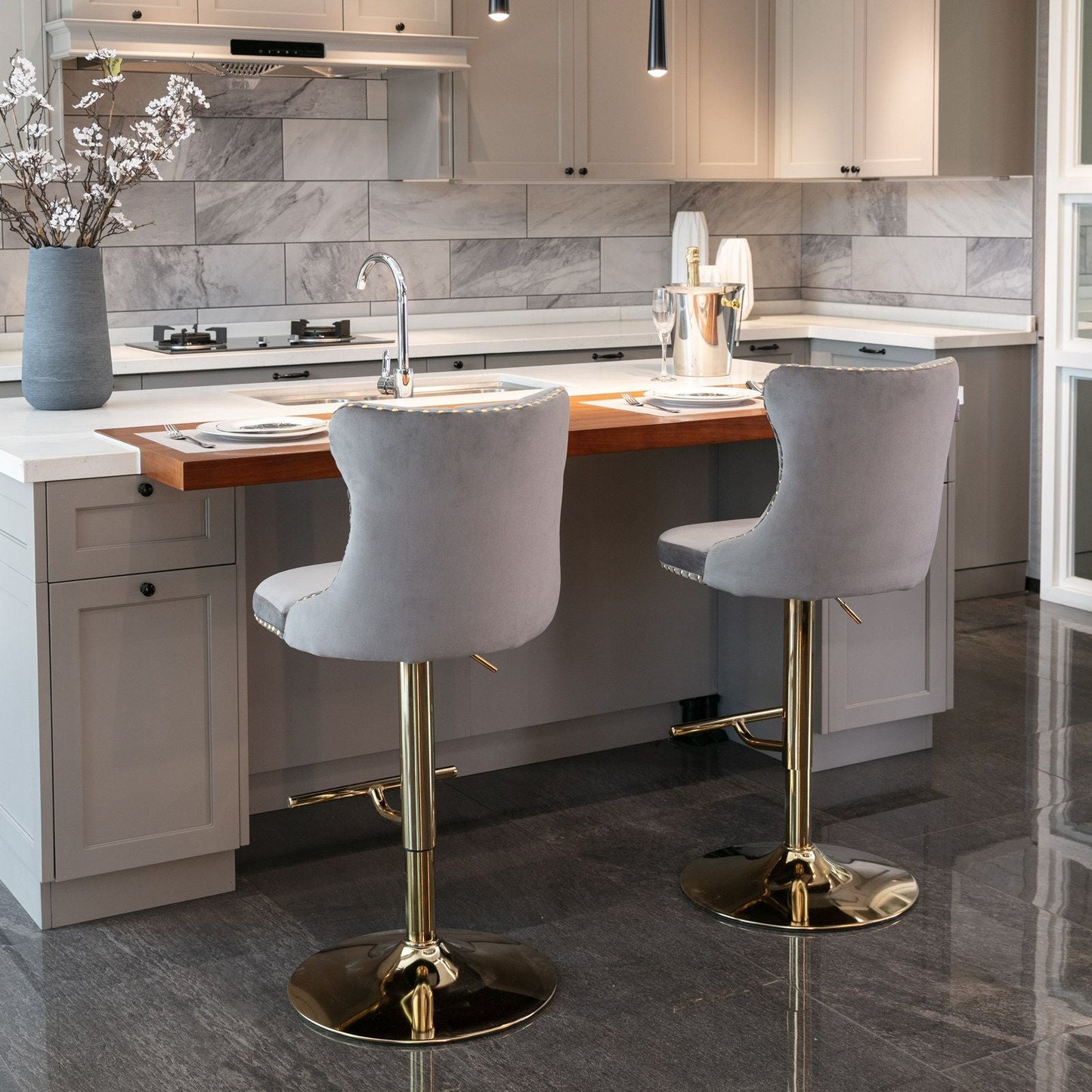 Gold Velvet Swivel Bar Stools, Tufted, Adjustable (view 49)