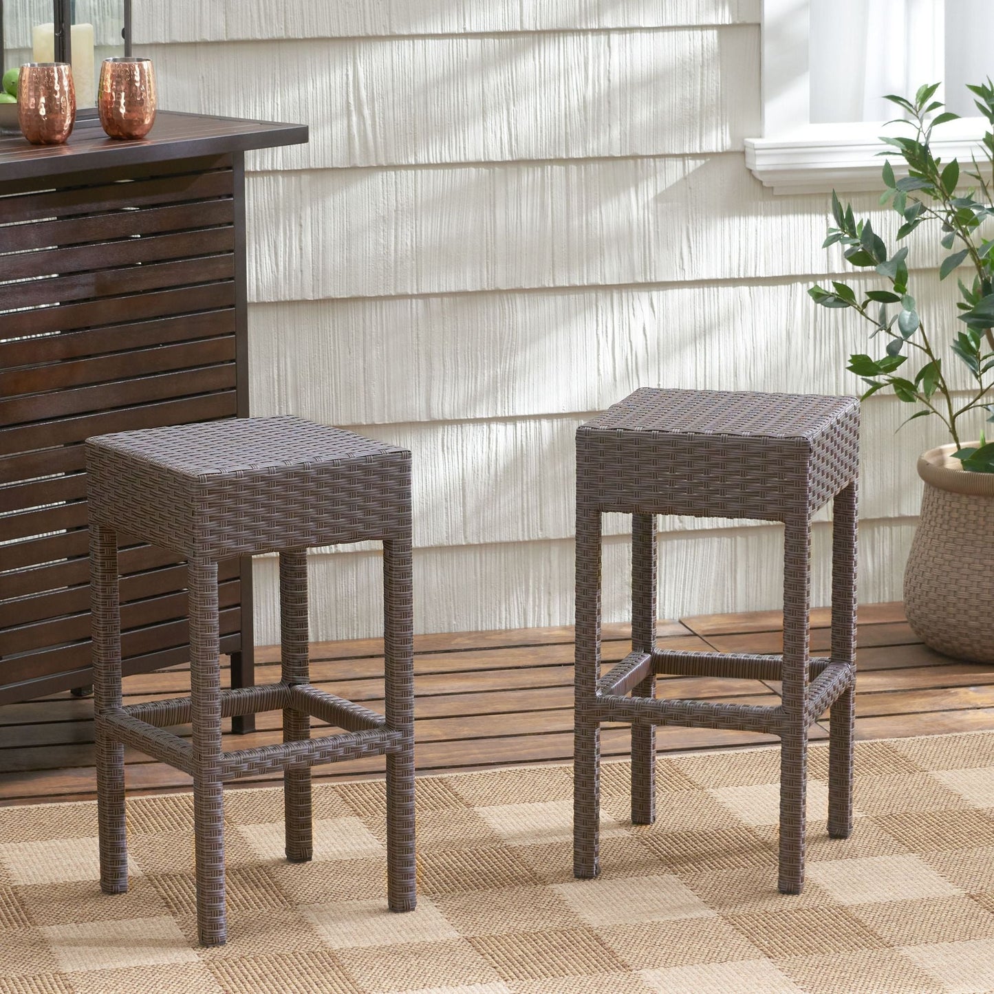 Outdoor PE Rattan Backless Barstools, Set of 2, Dark Brown (view 6)