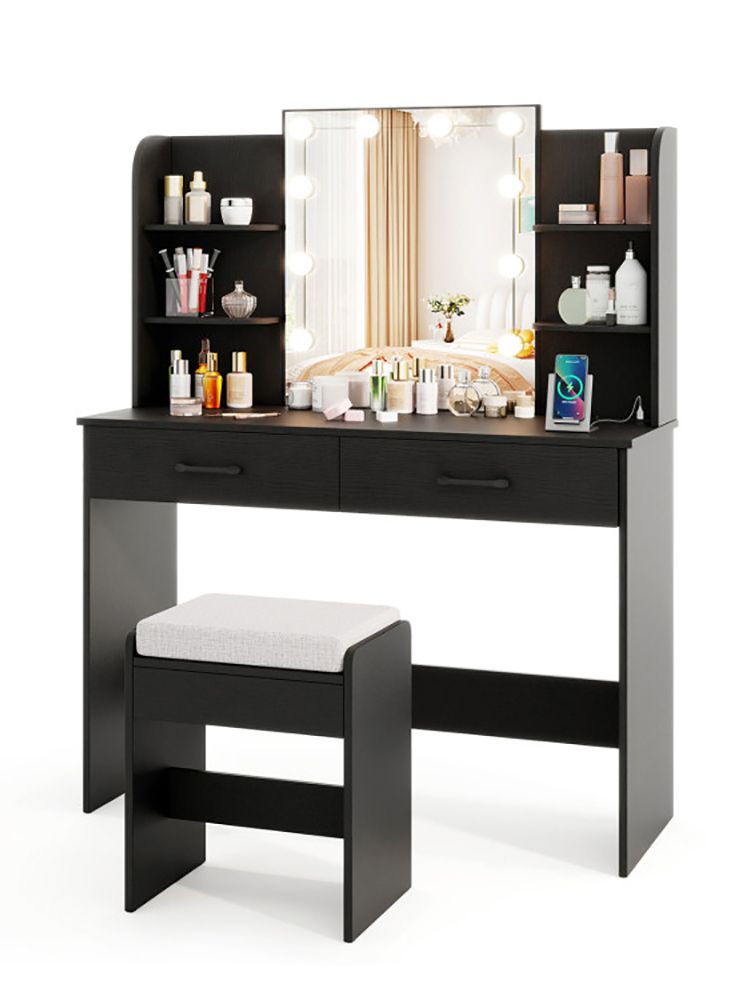 Vanity Set with Lighted Mirror and Stool with Power Outlet