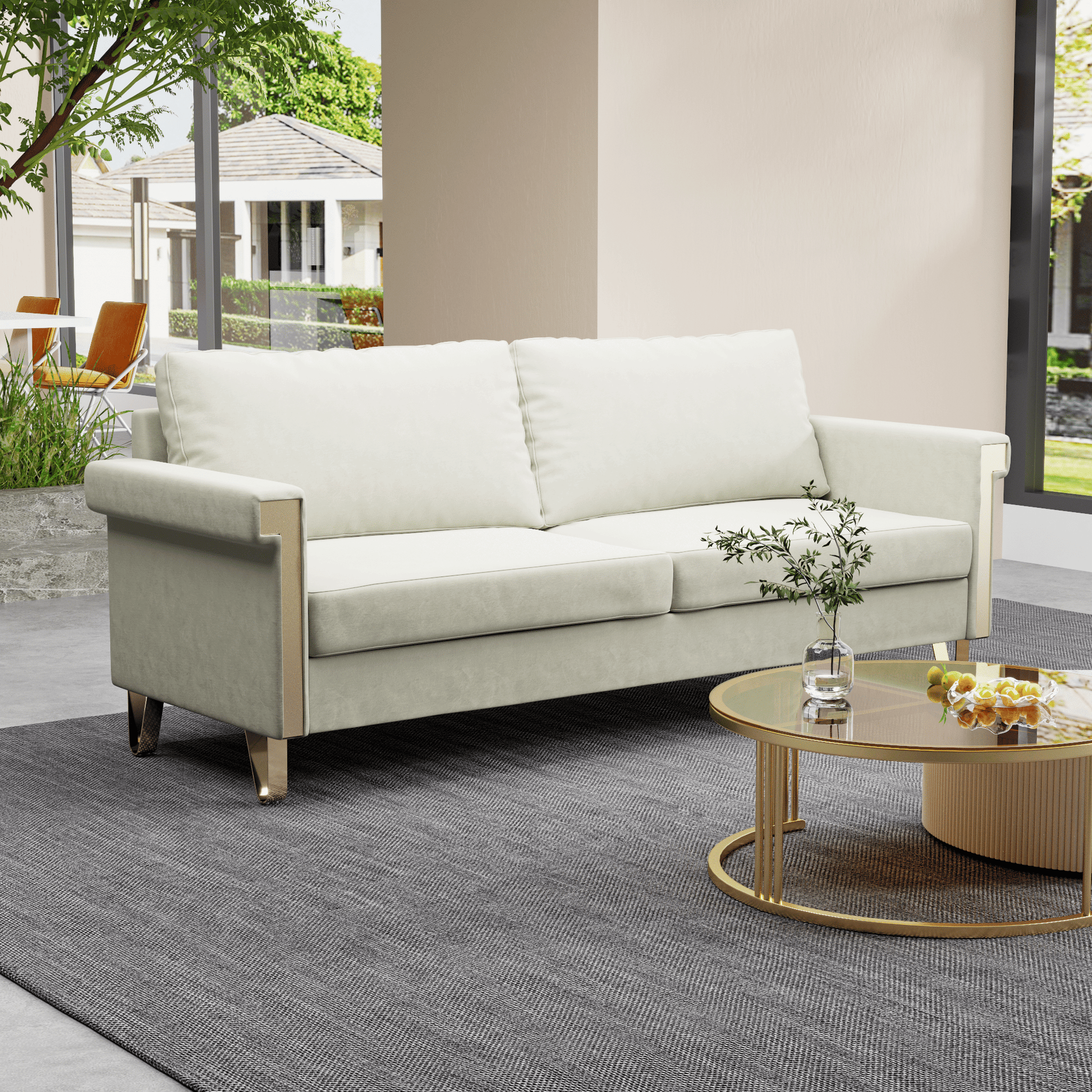 Velvet 3-Seat Mid-Century Sofa, White, 34" Tall (view 7)