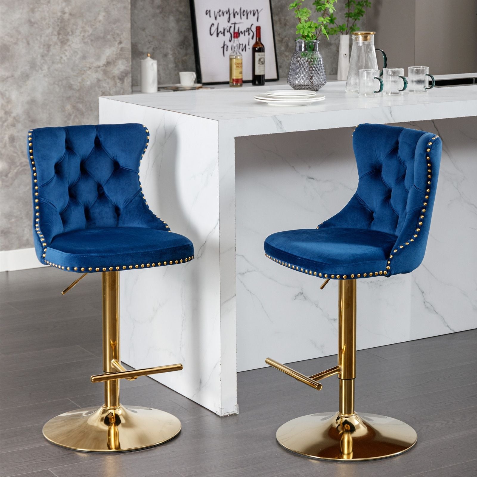 Set of 2 Blue Velvet Swivel Bar Stools, Gold Base (view 13)