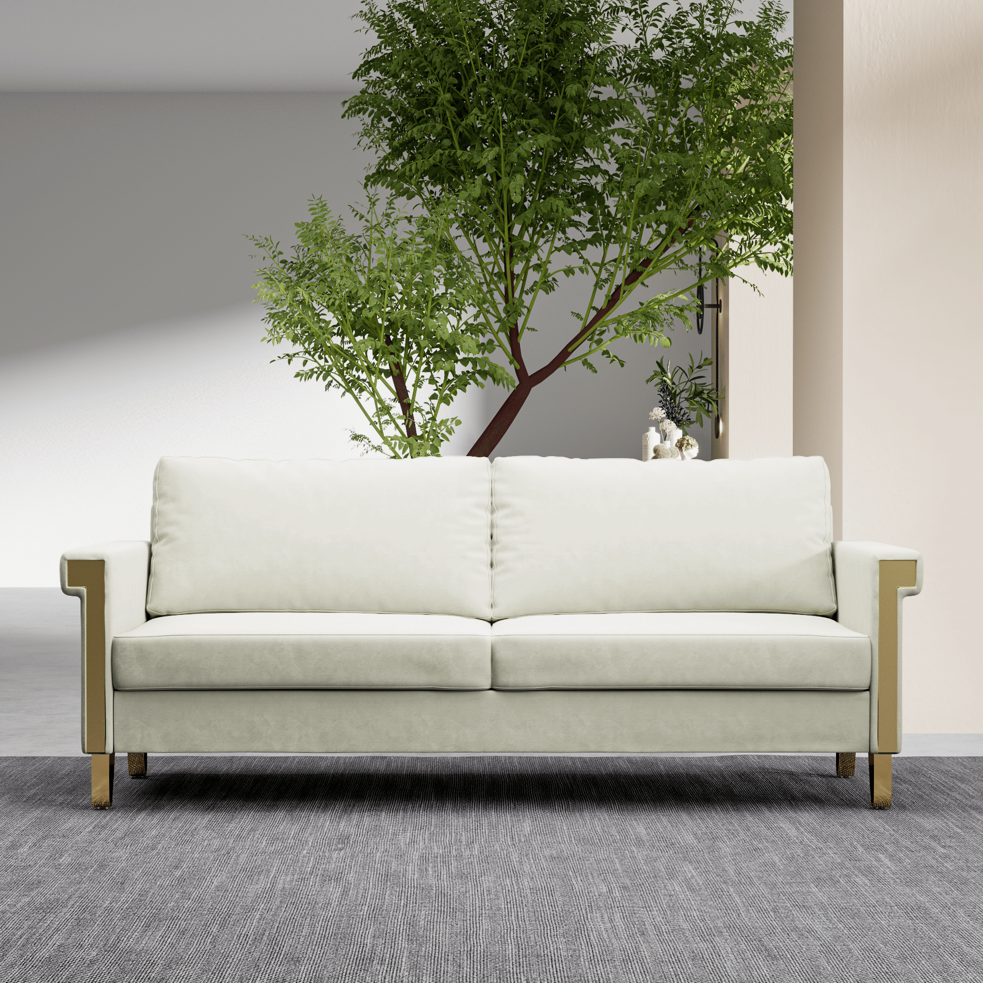 Velvet 3-Seat Mid-Century Sofa, White (Style 3)