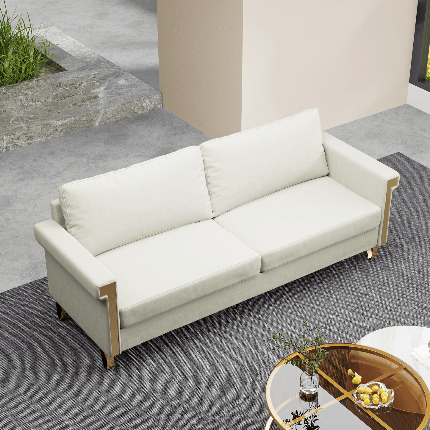 Velvet 3-Seat Mid-Century Sofa, White, 34" Tall (view 4)