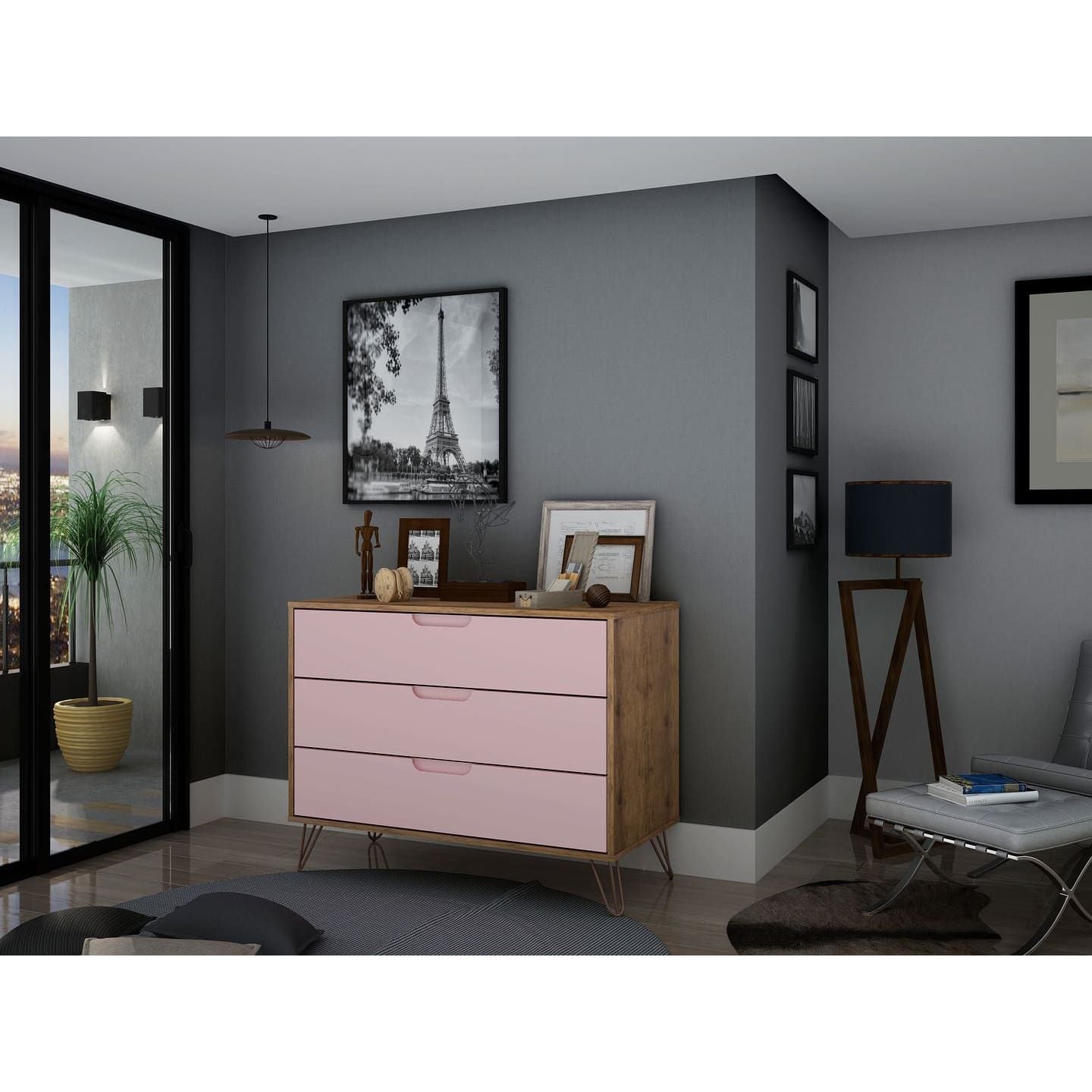 3-Drawer Mid-Century Dresser, Pink, 34" Tall