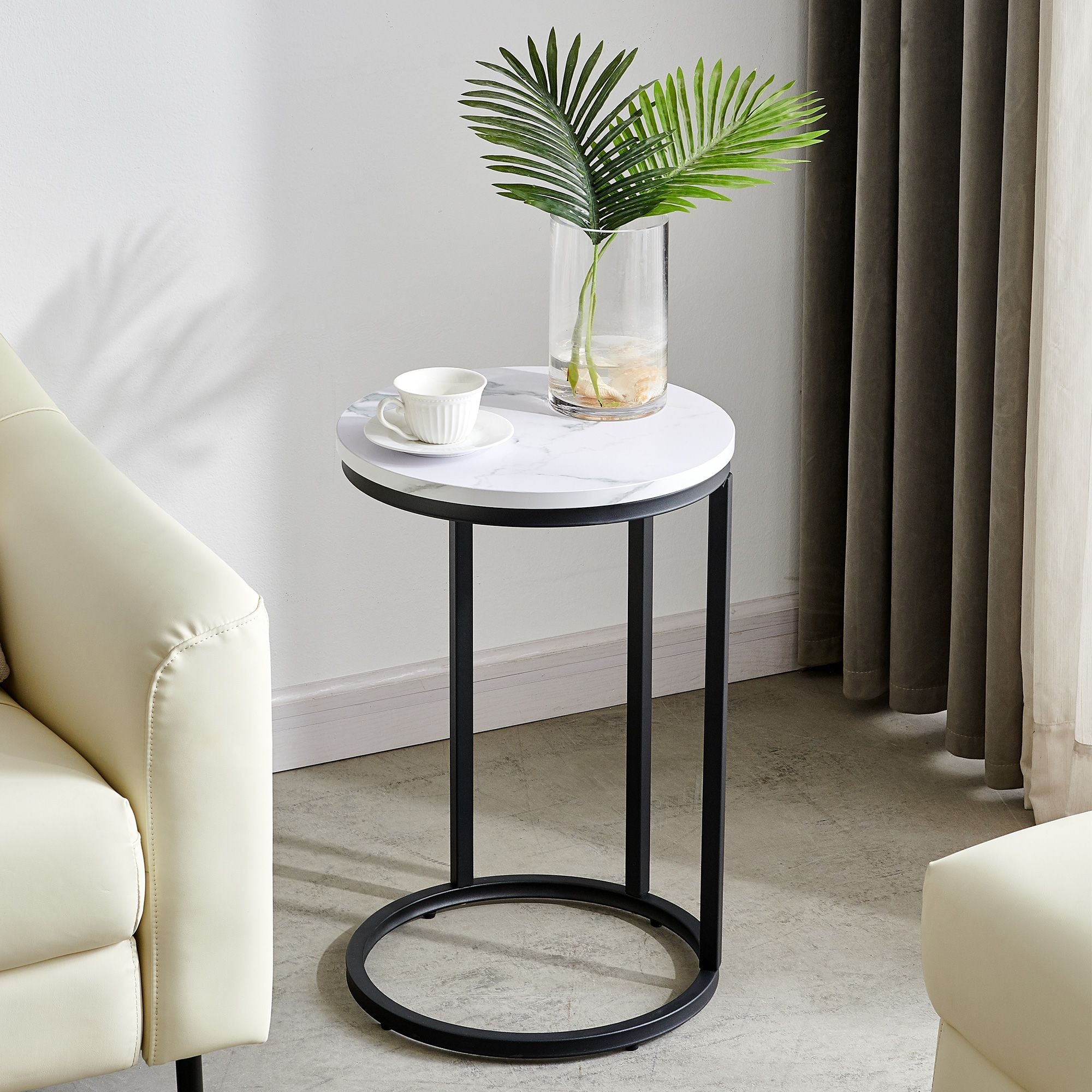 Modern C-shaped end/side table,Black metal frame with round marble color top-15.75'