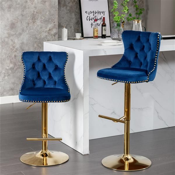 Blue Velvet Swivel Bar Stools – Set of 2, Gold Base, Adjustable Heig