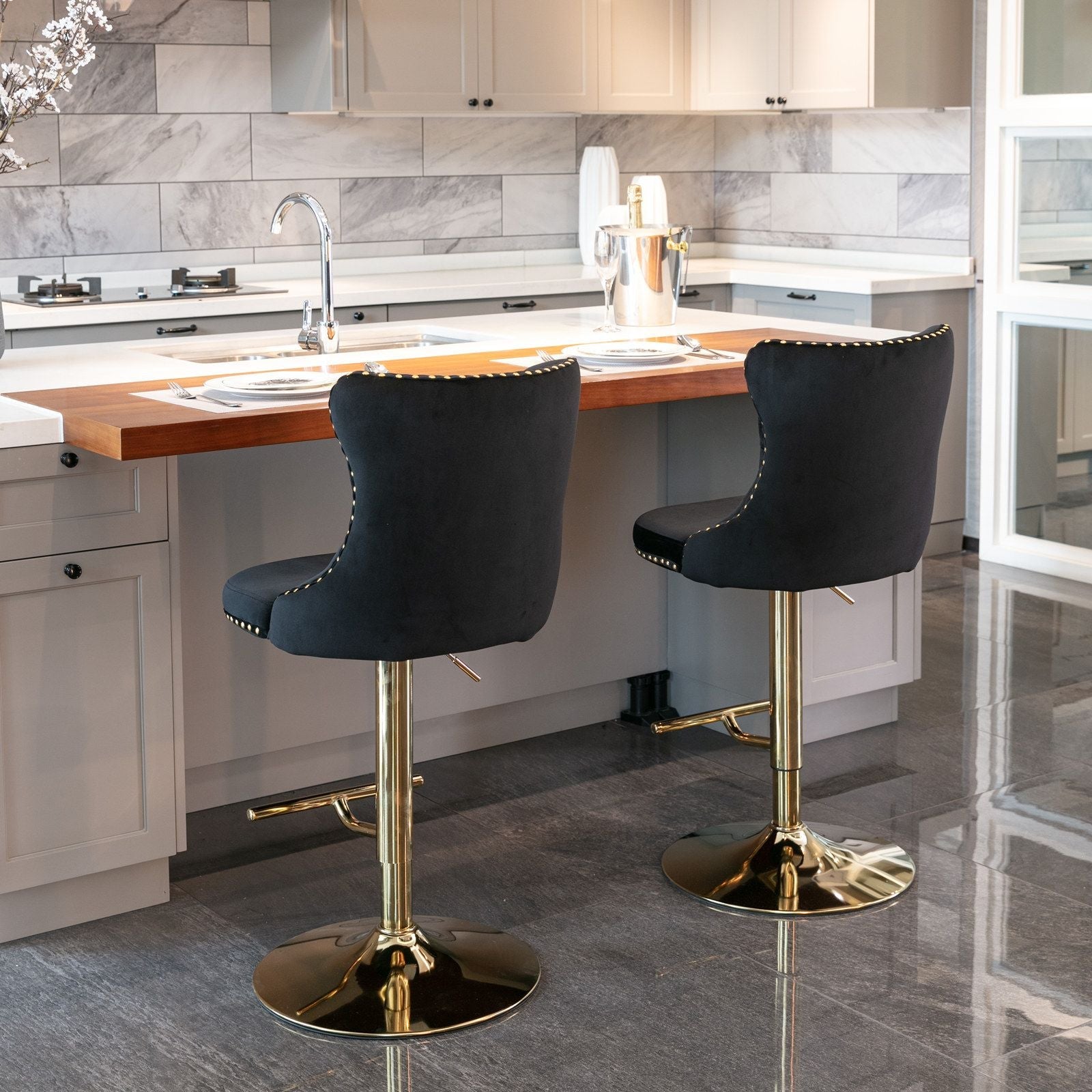 Gold Velvet Swivel Bar Stools, Tufted, Adjustable (view 33)