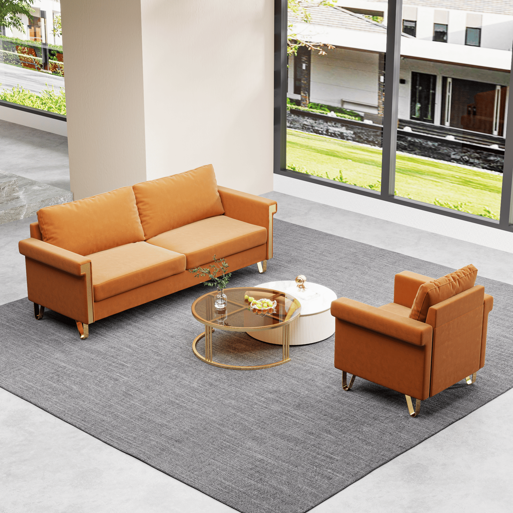 Velvet 3-Seat Mid-Century Sofa, Orange (view 4)