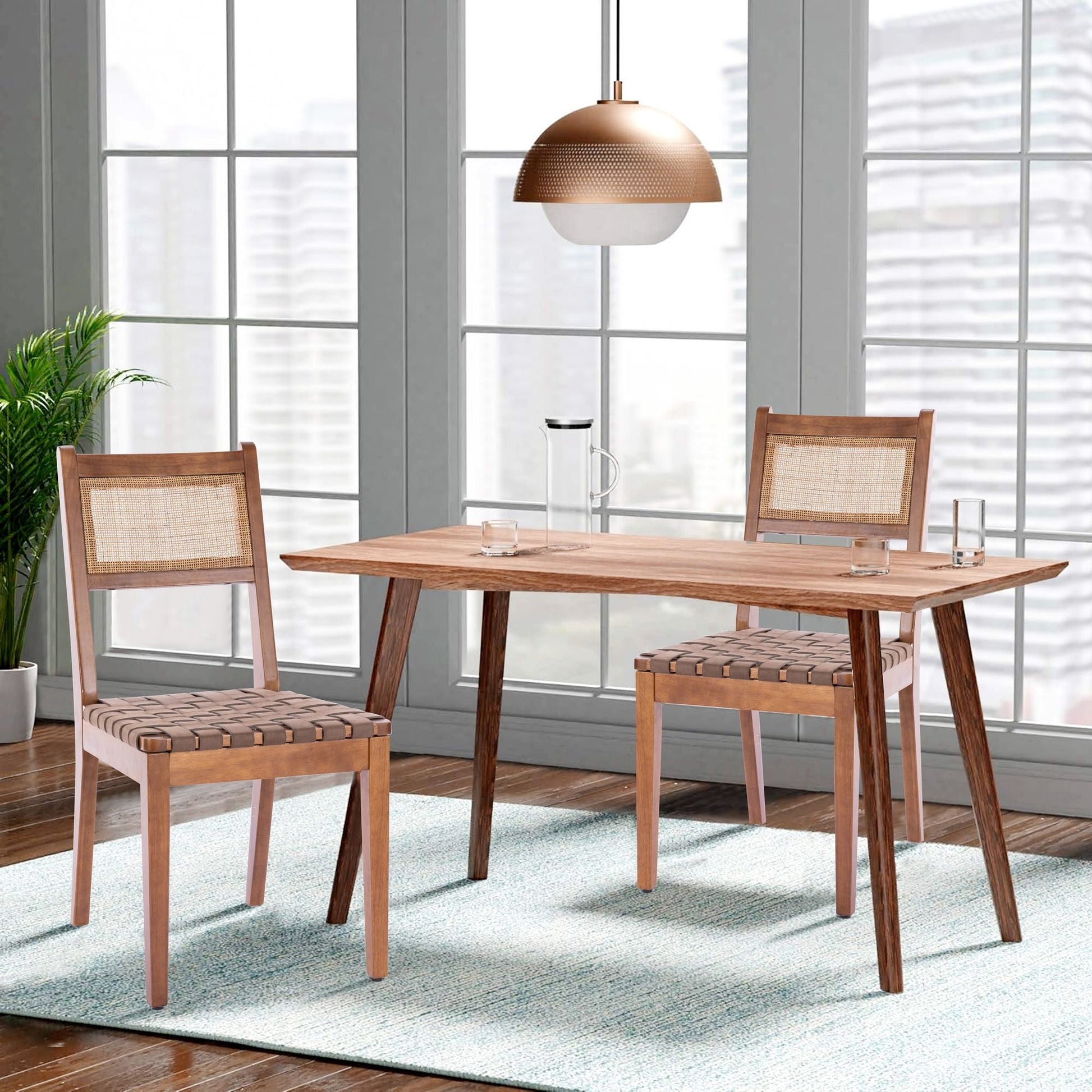 Leather Mid-Century Dining Chairs, Set of 2, Brown, Rattan