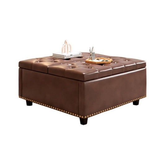 Large square storage stool with two storage doors, footstool for living room Mid-century modern coffee table with nailhead inlay, brown PU leather