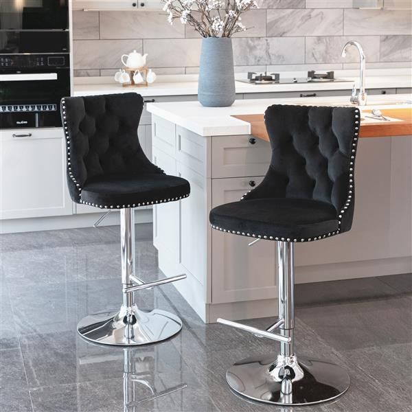 Black Velvet Swivel Bar Stools – Gold Base, Set of 2