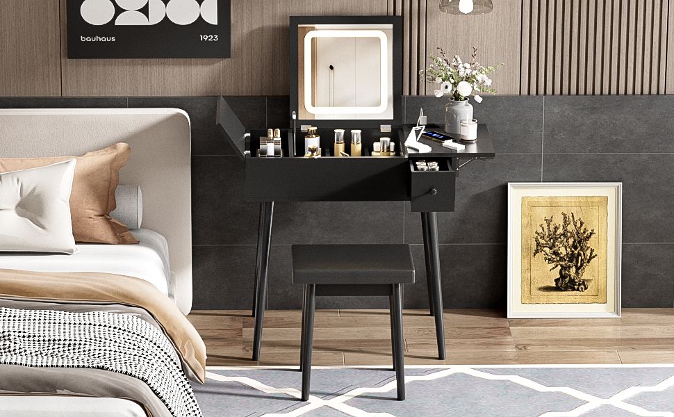 Mid-Century Vanity with LED Mirror, Black, 2 Drawers, 36" Wide (view 4)