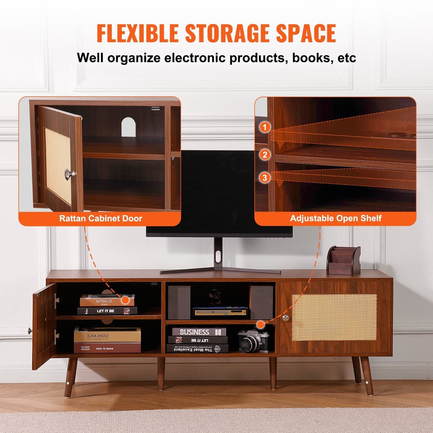 65" TV Mid-Century TV Stand, Walnut, Rattan (view 5)