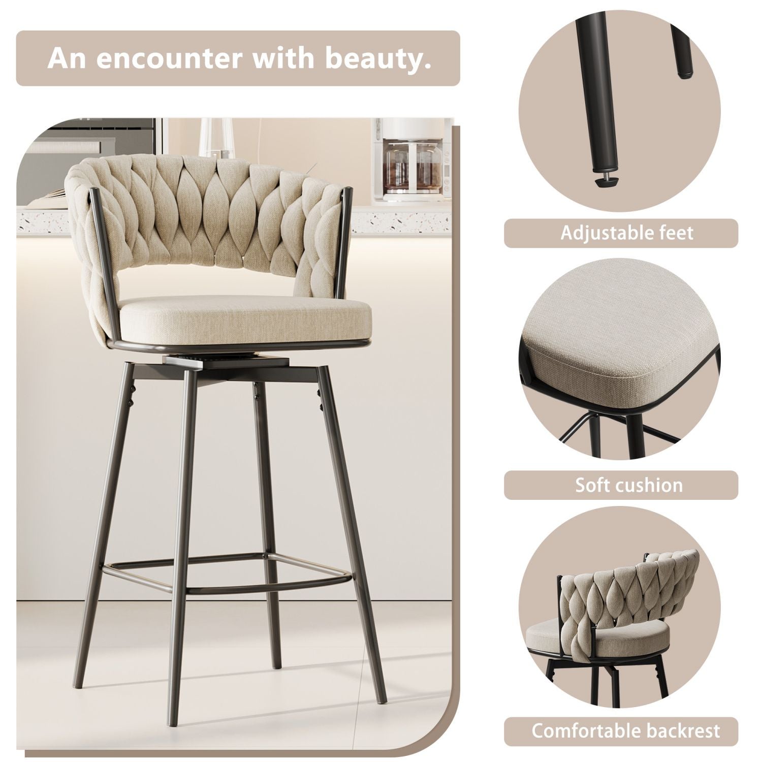 360° Swivel Bar Chairs, Cushioned, Metal Legs, 2pcs (view 16)