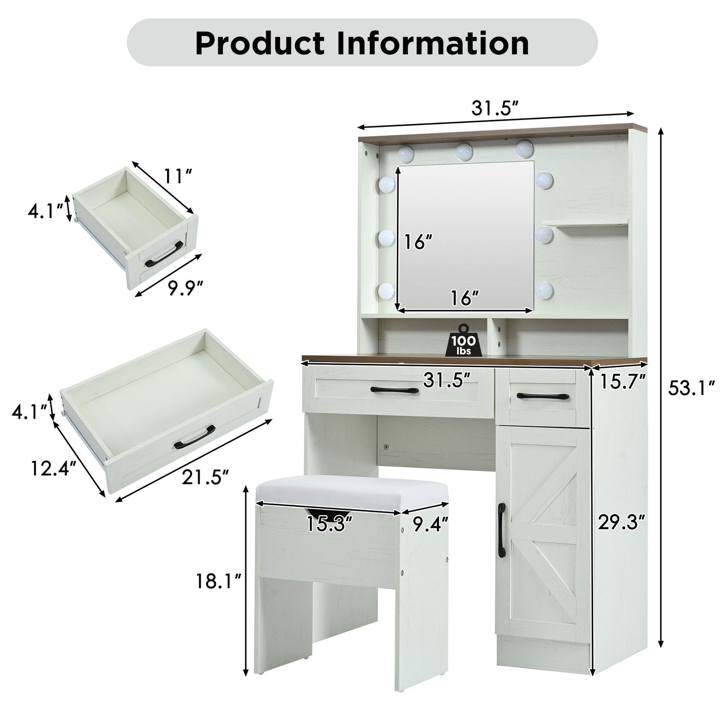 Mid-Century Vanity, Brown+White, 2 Drawers (view 8)