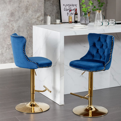 Set of 2 Blue Velvet Swivel Bar Stools, Gold Base (view 14)