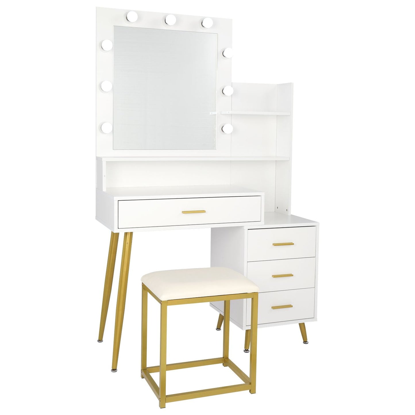 Wood & Metal Mid-Century Vanity with LED Mirror, White, 4 Drawers, 36" Wide (view 5)