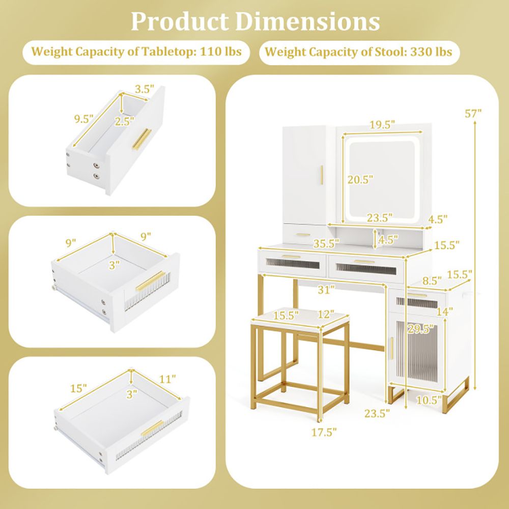 Mid-Century Vanity with LED Mirror, White, 44" Wide (view 5)