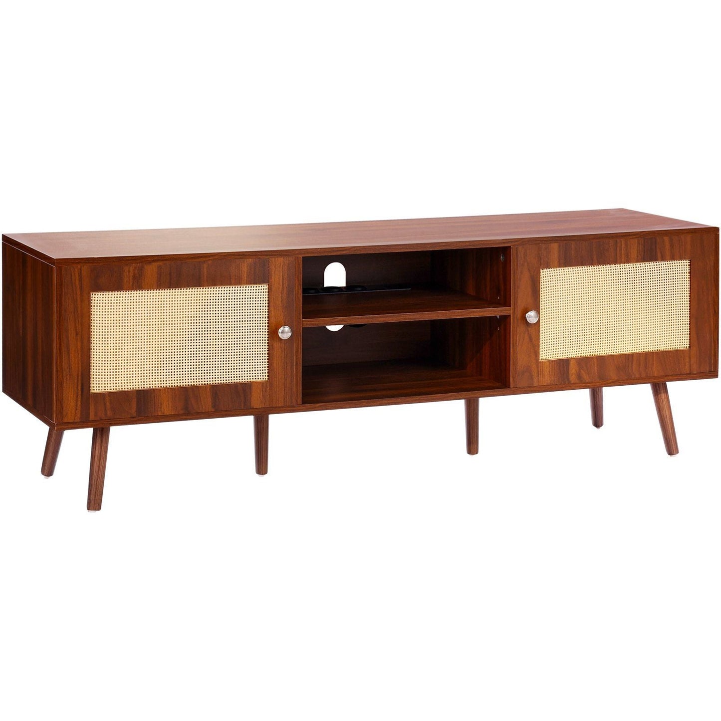 65" TV Mid-Century TV Stand, Walnut, Rattan (view 9)