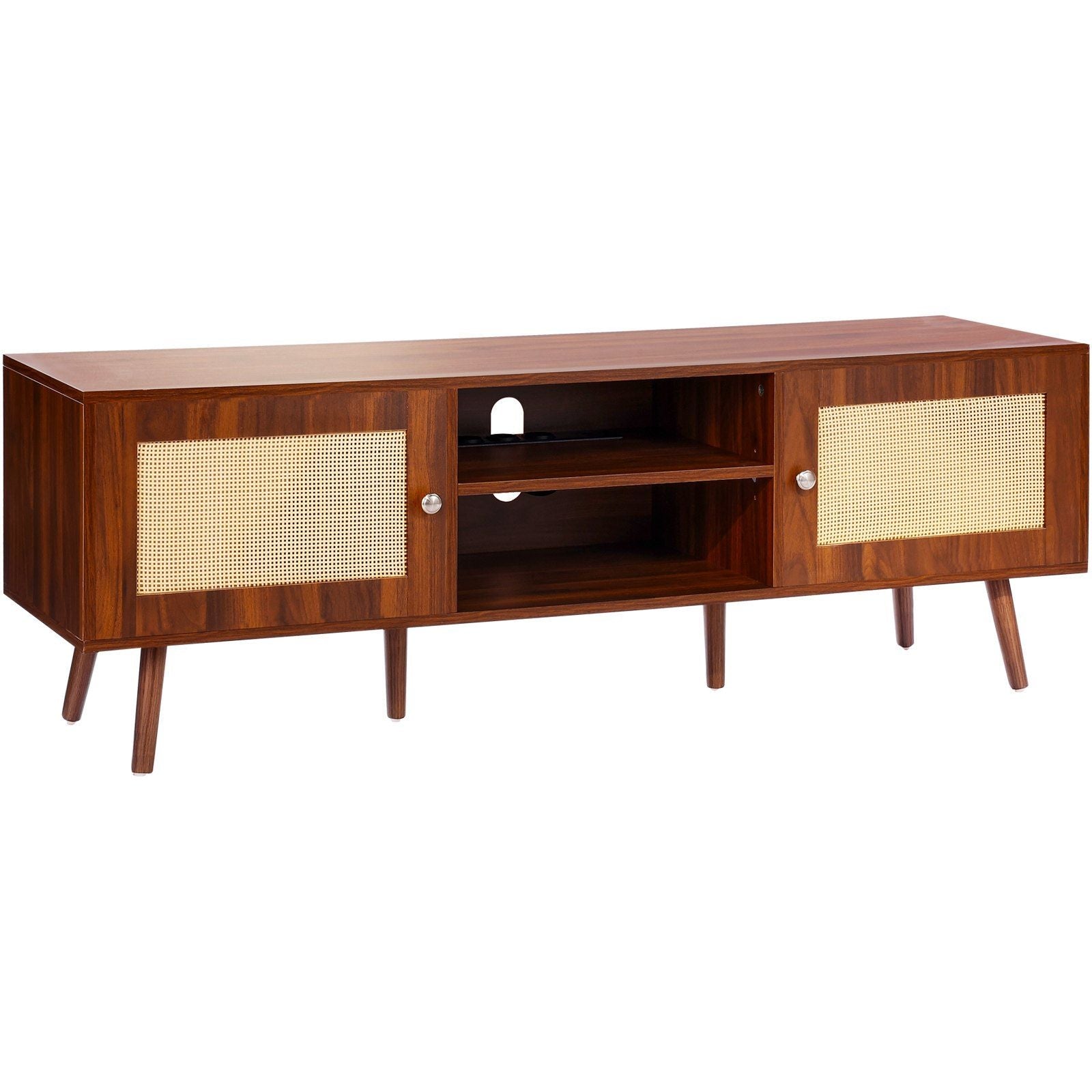65" TV Mid-Century TV Stand, Walnut, Rattan (view 9)