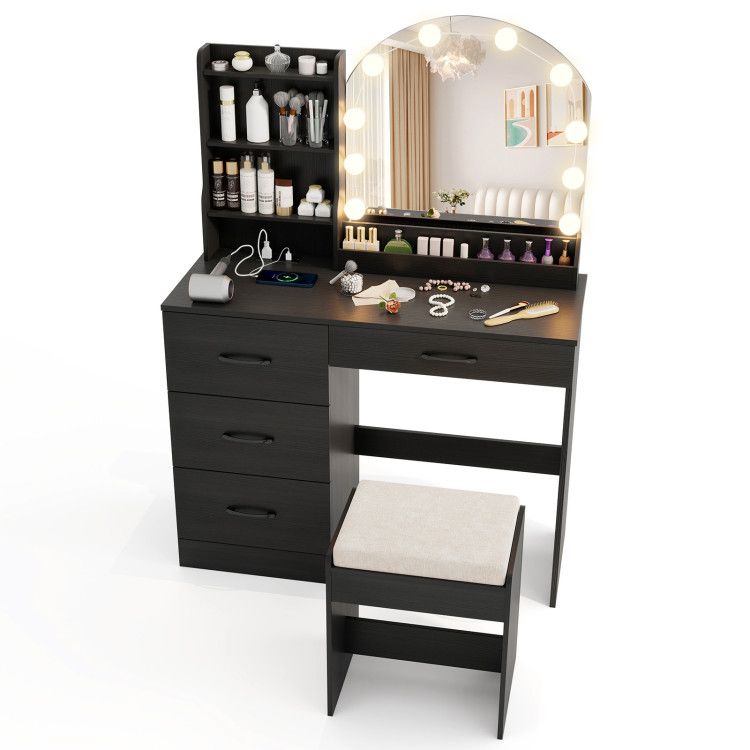 Makeup Vanity Desk Dressing Table and Stool Set with Mirror and Lights